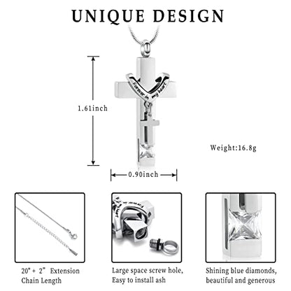 Forever in My Heart Birthstone Personalized Double Cross Urn Pendant Cremation Jewelry for Ashes Cross Ashes Keepsake - color: Silver-White
