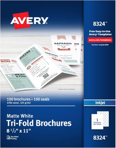 Avery Printable Tri-Fold Brochures with Mailing Seals, 8.5" x 11", Matte White, 100 Blank Brochure Paper for Inkjet Printers (08324) (Pack of 5) - size: One Size (Pack of 5)