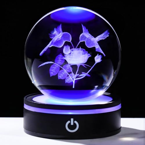 YWHL 3D Hummingbird Crystal Ball Figurine with LED Base, Hummingbird Gifts for Women Men on Birthday Christmas, Glass Decorative Hummingbirds with Rose Ball Night Light for Home Decor (80mm) - color: Two Hummingbirds With Rose