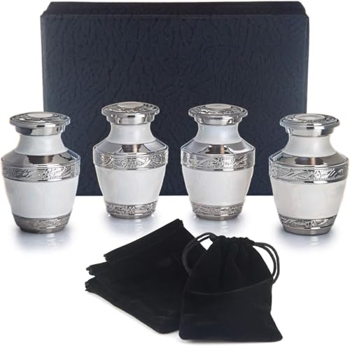 BOLD & DIVINE Small Heavenly Peace Pearl White Keepsake Urns |for Human Ashes | Handcrafted | 3" Tall Mini Urn Set of 4 with Individual Velvet Bags - size: Heavenly Peace Pearl White Mini Urns Set of 4