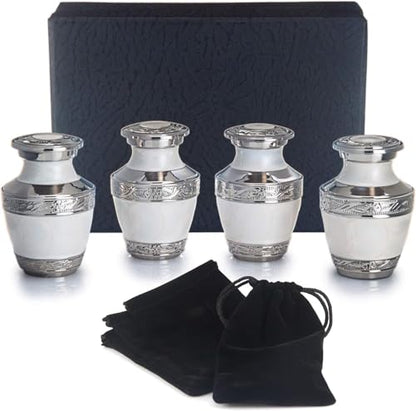 BOLD & DIVINE Small Heavenly Peace Pearl White Keepsake Urns |for Human Ashes | Handcrafted | 3" Tall Mini Urn Set of 4 with Individual Velvet Bags - size: Heavenly Peace Pearl White Mini Urns Set of 4