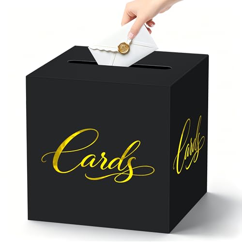 Black and Gold Wedding Card Box for Reception, 8.7" Cardstock Card Holder for Graduation, Anniversary, Birthday, Retirement, Elegant Party Gift Box for Envelopes and Money, Easy Assembly - color: Black Gold 02