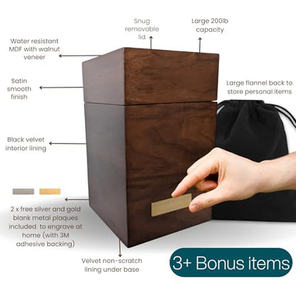 Walnut Wood Cremation Urns for Human Ashes | Large 200 lb Capacity Memorial Box | Handmade Keepsake Urn with Bag & Engraving Plaques |