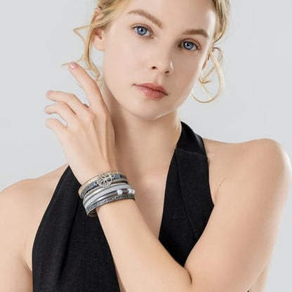 Tree of Life Inspirational Leather Wrap Bracelets Boho Western Cowgirl Cuff - color: Gray