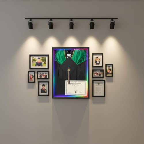 Cap and Gown Shadow Box,Lighting Wall-Mounted Display Stand, Black | Matte black wood frame, dustproof acrylic panel, lockable wall mount case, displays graduation gown,as commemorative gift - size: Large - Black - with LED