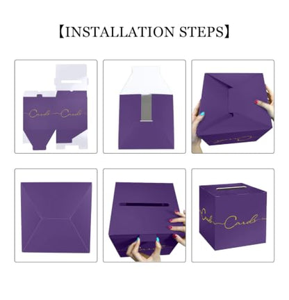 HEIPINIUYE Purple Wedding Card Box with Gold Foil 9.8" x 9.8" Purple Large Gift Card Box for Party Wedding Reception Graduation Birthday Baby Shower Cardboard Raffle Envelope Box with Slot - color: Purple Card Box with Gold Foil