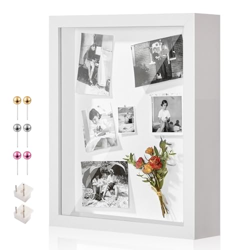12x16 Large Shadow Box Frame with Thickened Acrylic Panel & Pins | With Linen Back, Deep 1.7" White Shadow Box Display Case – Display on Tabletop or Wall for Jersey, T-shirt, Keepsake, Wedding - color: White+foam Back+foam Packaging, size: 12x16