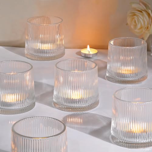 Clear Ribbed Tealight Votive Candle Holders- 6Pack | Glass Candle Holders for Table Centerpiece, Home Decor, Wedding Decor, Party Dinner - color: Clear, size: 6Pcs