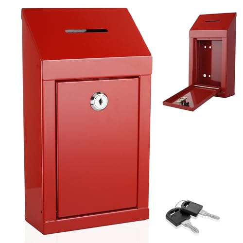 Metal Donation Box-Suggestion Box with Slot and lock-Cash Lock box for Money-Secure Drop Box-Comment and ballot voting box-comes with pre-drilled holes for easy wall mounting 10 X 6 X 2.5"(Red) - color: Red, size: Wall Mount Box with Lock