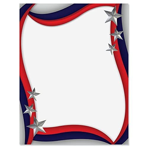 Spangled Stars Patriotic Letter Papers - Set of 25, American Flag stationery papers, 8 1/2" x 11", compatible computer paper, Patriotic Letterhead, 4th of July flyers, Veterans Day, Memorial Day - color: Spangled Stars