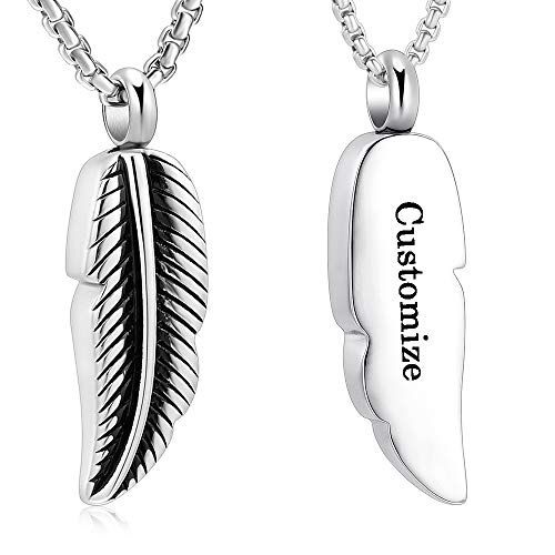 Oinsi Stainless Steel Feather Urn Necklace Hold Cremation Ashes Keepsake Memorial Jewelry +Box+Fill Kits - color: Customize