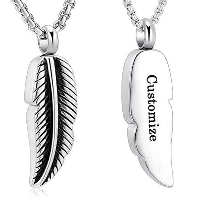 Oinsi Stainless Steel Feather Urn Necklace Hold Cremation Ashes Keepsake Memorial Jewelry +Box+Fill Kits - color: Customize