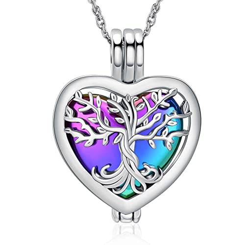 shajwo Heart Cremation Jewelry Tree of Life Urn Ashes Necklace for Women Men Loved One Memorial Human Ash Pendant - color: Tree-Rainbow
