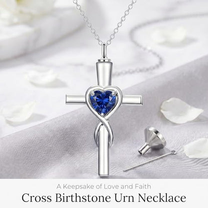 YYB Urn Necklace for Ashes Women Heart Birthstone Cross Cremation Jewelry | Memorial Keepsake Funeral Jewelry for Loved Ones (with Funnel Filler) - color: 09-Sep-Sapphire