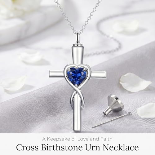 YYB Urn Necklace for Ashes Women Heart Birthstone Cross Cremation Jewelry | Memorial Keepsake Funeral Jewelry for Loved Ones (with Funnel Filler) - color: 09-Sep-Sapphire