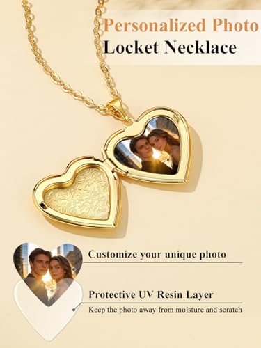 Custom4U Personalized Heart Locket Necklace with Pictures,Sunflower/Angel Wings/Heart Shaped Lockets Custom Photo,Gold/Rose Gold/White Lockets That Holds Picture,Customized Memorial Jewelry for Women - color: A-Heart-Gold(Locket + Photo)