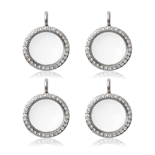 WANDIC Silver Photo Charms, 4 Pcs Screw Thread Round Memory Locket Pendants with Diamonds, Bridal Wedding Bouquet Frame for Bouquet Decoration, Key Chain, Necklace Making, 25mm - color: Silver2