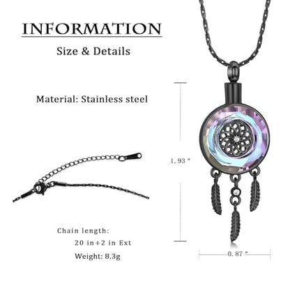 constantlife Circle of Life Dreamcatcher Cremation Jewelry for Ashes Stainless Steel Crystal Pendant Urn Necklace Keepsake Human Pet Memorial Gift for Women Men - color: Black-Purple