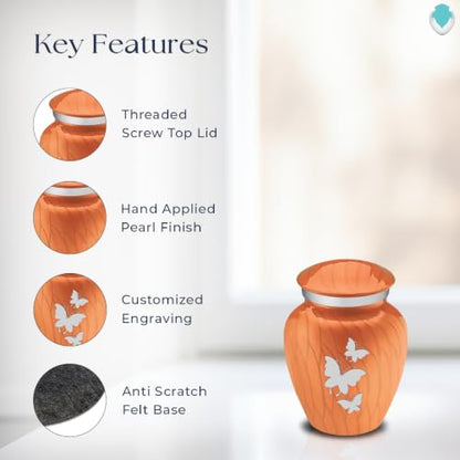 Keepsake Embrace Custom Engraved Butterflies Cremation Urn (Pearl Orange) - color: Pearl Orange