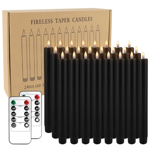 Black LED Taper Candles with Remote Timer, 24 Pack 9.25" Battery Operated Flameless Candles, 3D Flickering Flameless Taper Candles for Halloween Christmas Decor, Dinner Table Centerpiece, Wedding - size: 24-Pack-Taper candle-Black