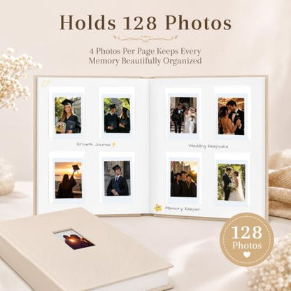 Ruibytree 128 Pockets Instax Mini Photo Album for 2x3 Pictures, Beige | Writing Space, Premium Linen Hardcover, Flat-Fit Pockets, Wedding Guest Book for Polaroid 2x3 Photos, Graduation Keepsakes - color: Beige