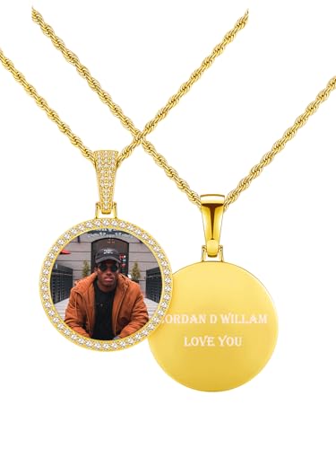 PiercingJ Customized Double-Side Photo Necklace Custom Picture Pendant Chain Personalized Cubic Zirconia Hip Hop Jewelry Gift for Men Women with Gift Box - color: 18K Gold-Round-Photo &Text b