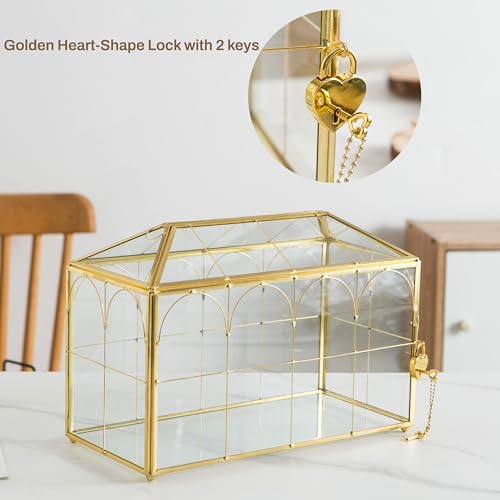 Glass Wedding Card Box with Slot, 12.5'' Large Clear Card Box Gold Brass Gift Card Storage Box with Lock Perfect for Wedding Receptions, Baby Shower, Birthday Party, Bridal Shower - color: B-Gold Card Box 12.6''