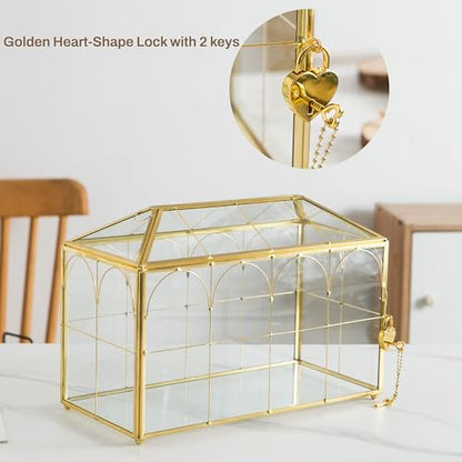 Glass Wedding Card Box with Slot, 12.5'' Large Clear Card Box Gold Brass Gift Card Storage Box with Lock Perfect for Wedding Receptions, Baby Shower, Birthday Party, Bridal Shower - color: B-Gold Card Box 12.6''