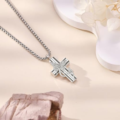 ONEFINITY Religious Urn Necklace for Ashes 925 Sterling Silver Cross/Angel Wing/Butterfly/Raphael Abalone Shell Pendant Necklace Cremation Memorial Keepsake Jewelry Gift for Ashes of Loved One Women - style: Cross Butterfly 2