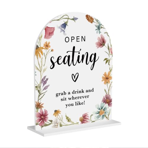 Acrylic Wedding Sign Open Seating Signs for Ceremony Modern Calligraphy White Arch Wildflowers Acrylic Table Top Signs for Wedding Reception and Event Party Table Decor 8x10 Inch - color: Open Seating