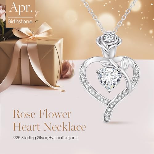 925 Sterling Silver Rose Love Heart Birthstone Necklaces for Women Jewelry | Hypoallergenic Nickel-Free & Lead-Free Pendant,Birthday Anniversary Christmas Gift for Women Wife Mom Girlfriend - color: White Gold-04-Apr