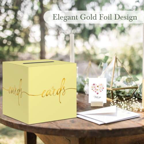 Light Yellow Card Box with Gold Foil Design, Paperboard 8.7" Gift Card Holder for Wedding Graduation Birthday Party Reception Retirement Anniversary Bridal & Baby Shower - color: Light Yellow Card Box with Gold Foil, size: 8.7×8.7×8.7Inch(1 Pack)