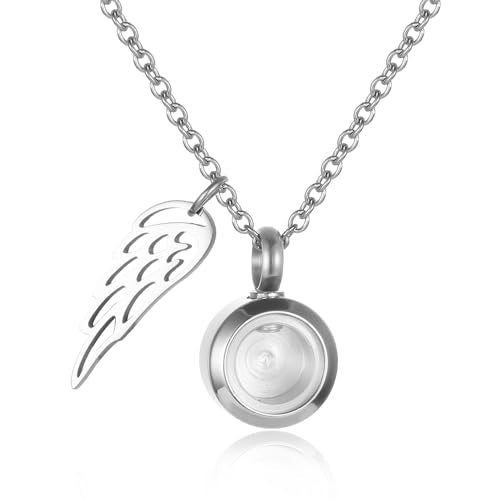 Tiny Glass Round Cremation Urn Necklace For Ashes For Women With Angel Wing Stainless Steel Memorial Locket Necklace Keepsake Jewelry - color: Silver