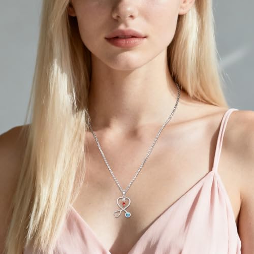 Angel Wings Necklace 925 Sterling Silver Guardian Angel Nurse RN Caduceus Pendant Charm Crystal Angel Jewelry Gifts for Women - style: H-Stethoscope-03-Mar.-Aquamarine