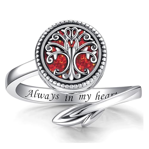Tree of Life Urn Ring for Ashes 925 Sterling Silver Adjustable Family Tree with Opal Memorial Keepsake Jewelry Always in My Heart Cremation Ring for Women - color: Red opal