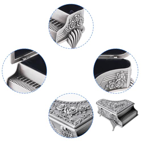 Piano Shaped Jewelry Box, Rose Carved Zinc Alloy Case | Piano shaped zinc alloy jewelry box with rose flower carving for rings, earrings and necklaces