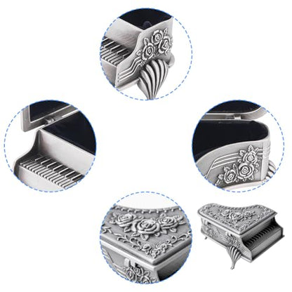 Piano Shaped Jewelry Box, Rose Carved Zinc Alloy Case | Piano shaped zinc alloy jewelry box with rose flower carving for rings, earrings and necklaces
