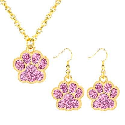 Dreuyet Paw Necklace and Earrings Set for Women Glitter Cute Dog Cat Pet Paw Print Pendant Necklace Earrings Lovely Animal Charm Jewelry Set Gifts - color: Gold Pink