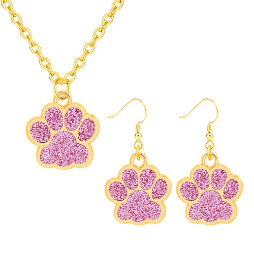Dreuyet Paw Necklace and Earrings Set for Women Glitter Cute Dog Cat Pet Paw Print Pendant Necklace Earrings Lovely Animal Charm Jewelry Set Gifts - color: Gold Pink