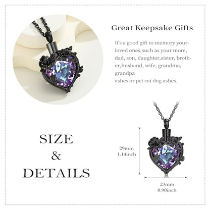 Cremation Jewelry for Ashes Rose Flower Urn Necklace with Crystal Heart Ashes Pendant Butterfly Necklaces for Women Men Memorial Keepsake Jewelry Gift - color: Black-purple