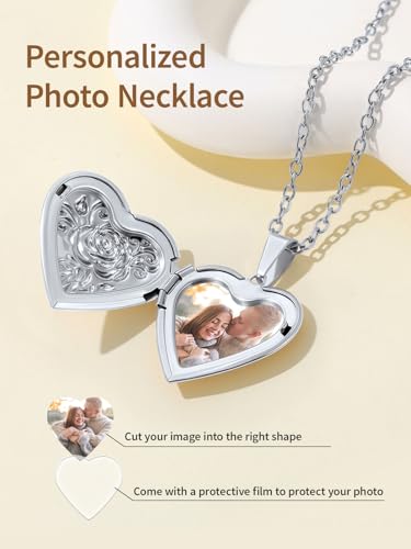 FindChic Locket Necklace for Women Custom Photo Memorial Gifts Multi-Shaped - color: Silver-Embossed Heart