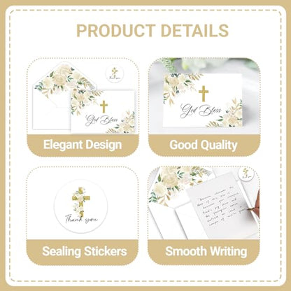 24 Pack Christian Thank You Cards, Watercolor Floral Cross Baptism Thank You Cards with Envelopes & Stickers, VBS Thank You Cards First Communion & Religious Occasions - style: 24 Pcs - Golden Christian