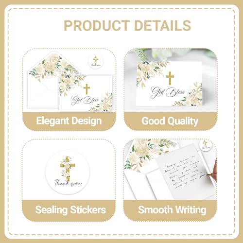 48 Pack Baptism Thank You Cards with Envelopes, Watercolor Floral Cross Christian Thank You Cards for Wedding Communion Baby Shower - style: 48 Pcs - Golden Cross