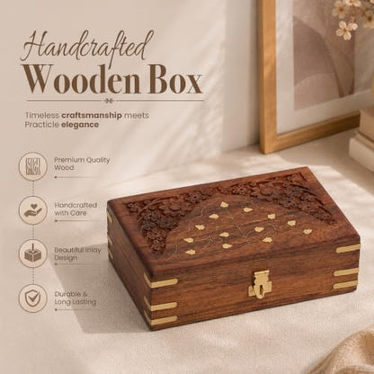 Ajuny Wooden Jewellery Box Brass Inlay Hand Carved Keepsake Chest 8x5