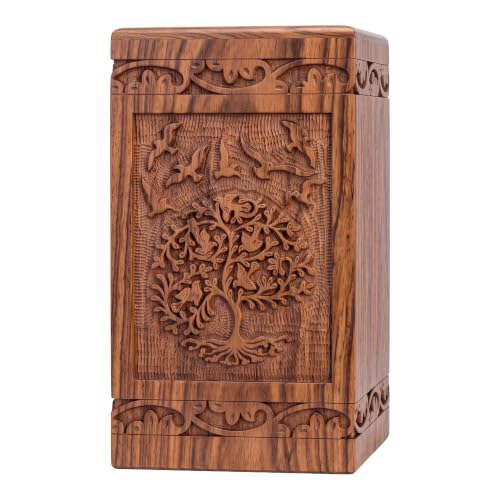Tree of Life Wooden Urn for Human Ashes, X-Large 250 cu in, Rosewood - color: Rosewood Tree and Birds, size: X-Large (250 lbs)