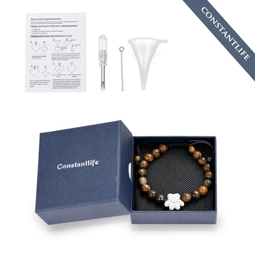constantlife Cremation Bracelet for Pets Ashes - Dog Paw Pendant Bangle Stainless Steel Memorial Urn Jewelry - color: Tiger Stone-Silver