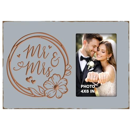 Buecasa Mr & Mrs Carving Picture Frame 4x6 Inches - Rustic Wedding Bridal Shower Gifts for Couple, Newlyweds - Unique Engraved Marriage Gift for Wife Husband - color: Warm Grey Mr & Mrs