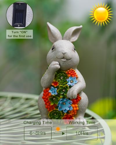 Nacome Solar Garden Outdoor Statues Bunny with Succulent - color: Light Grey Bunny