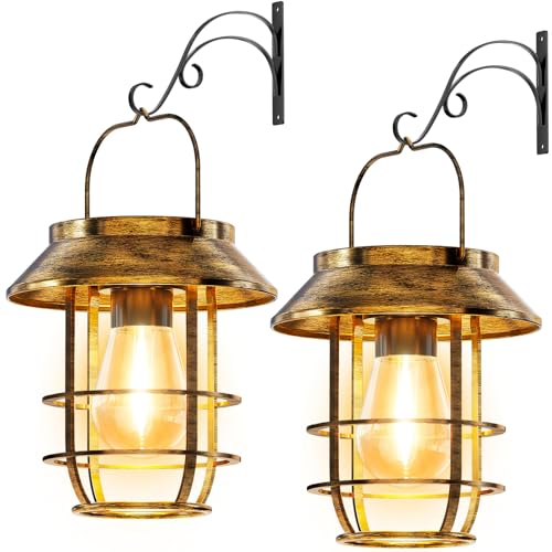 2 Pack Solar Lanterns Outdoor Waterproof, Retro Metal Hanging Lantern | 12-Hr Runtime Outdoor Solar Lantern with Wall Hooks, Auto On/Off, High Bright Solar Lights for Garden, Porch, Patio Decor - color: Bronze, size: 2 Pack