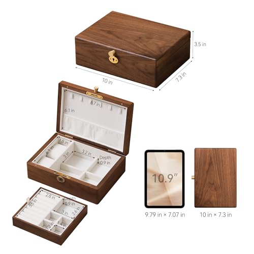 Black Walnut Wooden Lockable Jewelry Box, 2 Layer Organizer Case for Women - color: 2 Layer Lockable